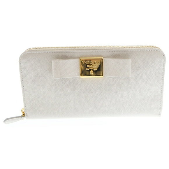 Prada Saffiano Ribbon Zip Long Wallet Beige Leather White - Picture 1 of 5